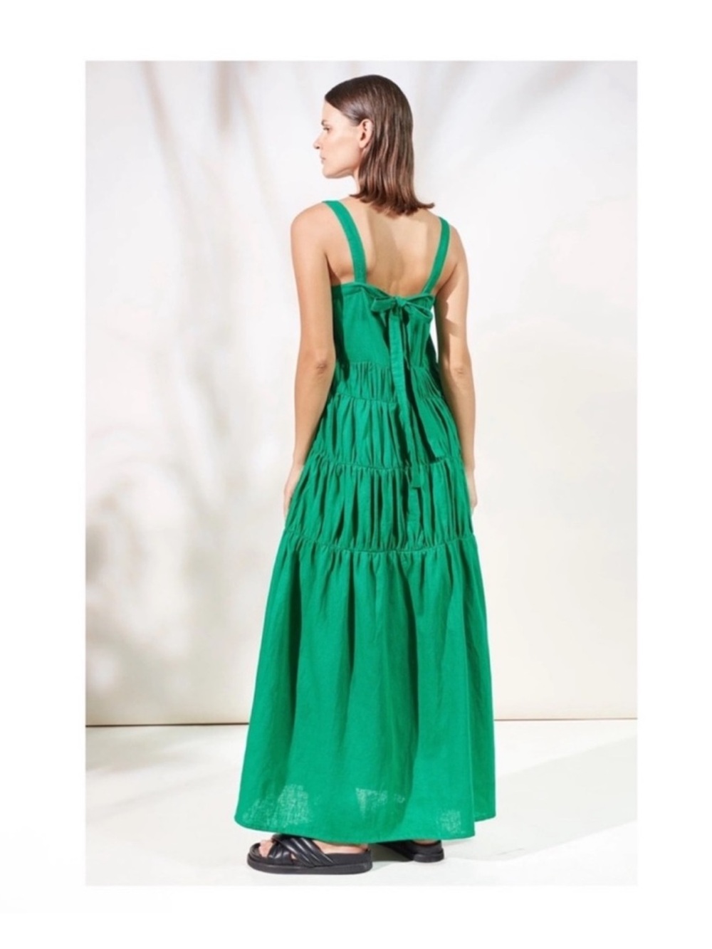 New! Rue Stiic Elsa Linen Tiered Flowy Summer Maxi Dress in French Green - Picture 7 of 13